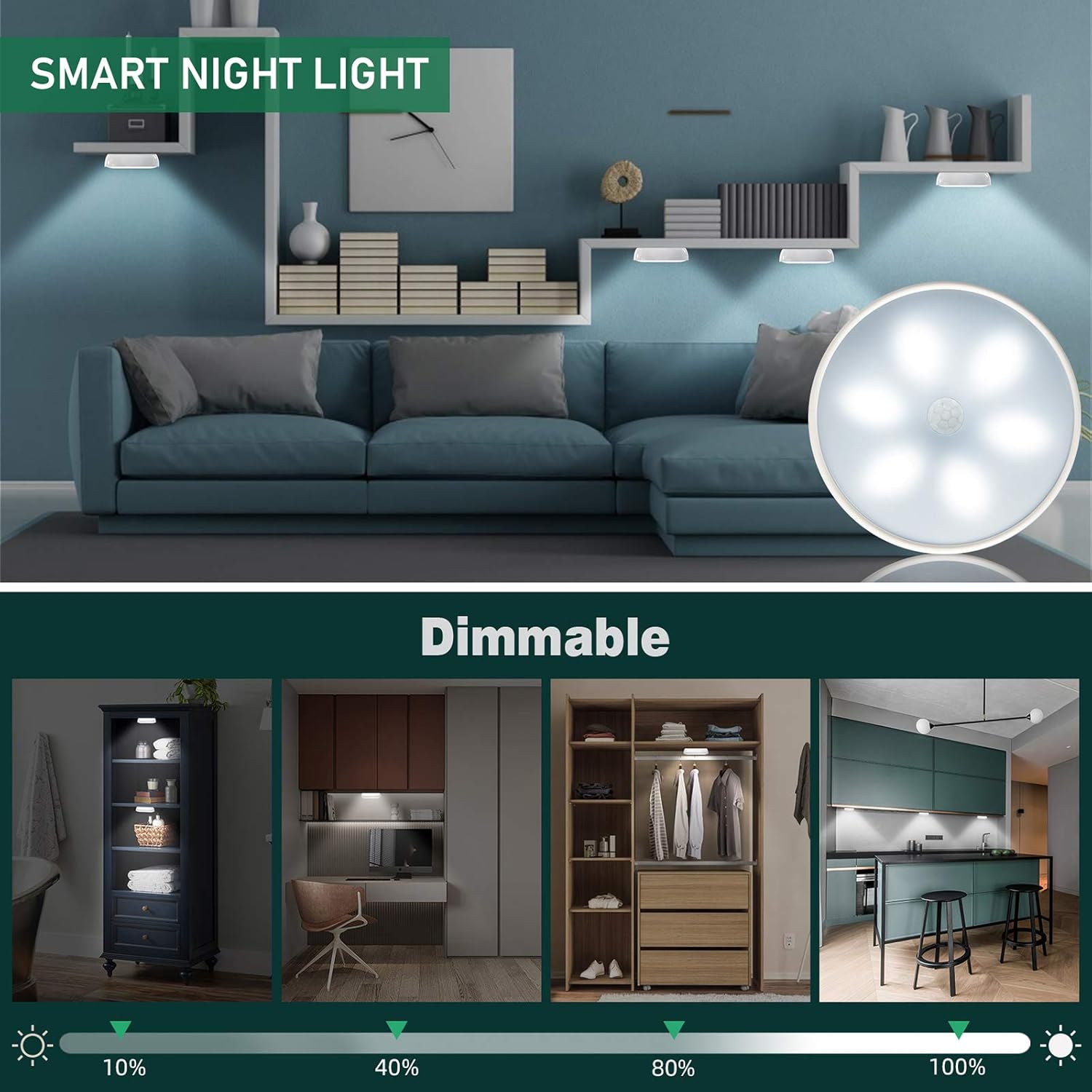 LED Closet Lights Motion Sensor Puck Light, Rechargeable Step Puck Lights,Dimmable Under Cabinet Indoor Lighting Magnet Stick-on Light for Counter Kitchen Wardrobe(6 Pack)