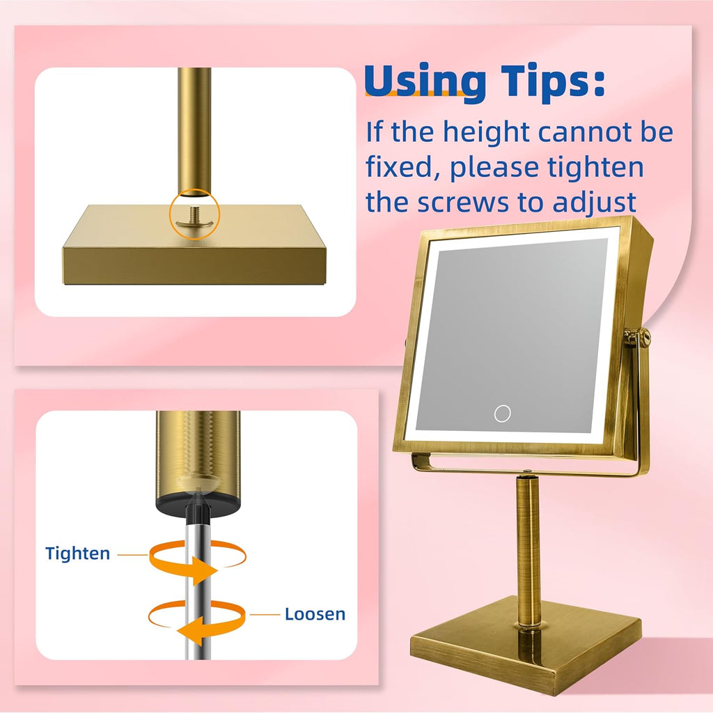 RUACQ Rechargeable Makeup Mirror, 4000mAh Lighted Makeup Mirror with Magnification 1X/10X, Height Adjustable vanity mirror with lights, 3 Color light, Adjustable Brightness,360°Rotation(Antique Brass)