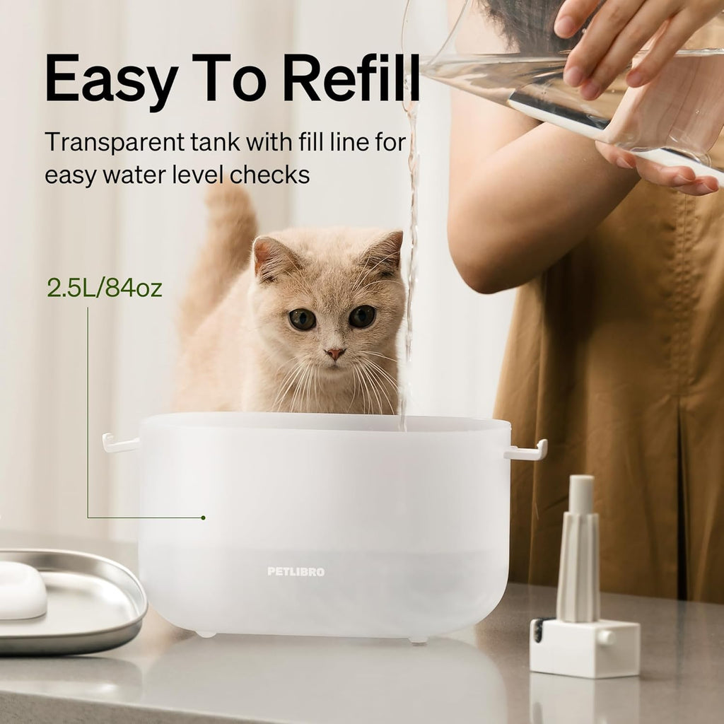 PETLIBRO Cat Water Fountain + PETLIBRO Genuine 4 Packs Filters, Cat Fountain Indoor Stainless Steel Tray, 2.5L/84oz Wireless Pump Pet Water Fountain, Cat Water Dispenser with Two Flow Modes