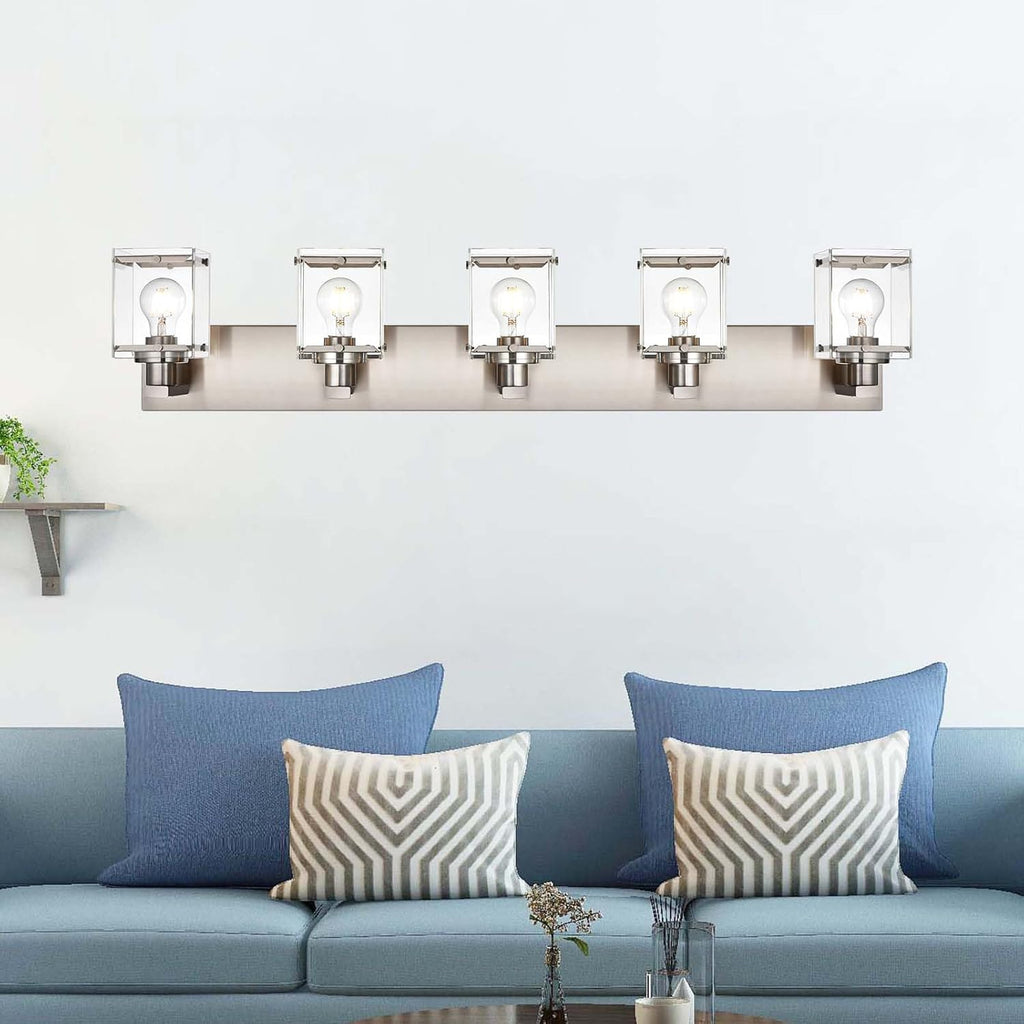 5-Lights Brushed Nickel Bathroom Wall Light with Clear Glass Shade, E26 Bulb Base Vanity Lighting Fixtures Over Mirror for Kitchen Cabinet Bedroom