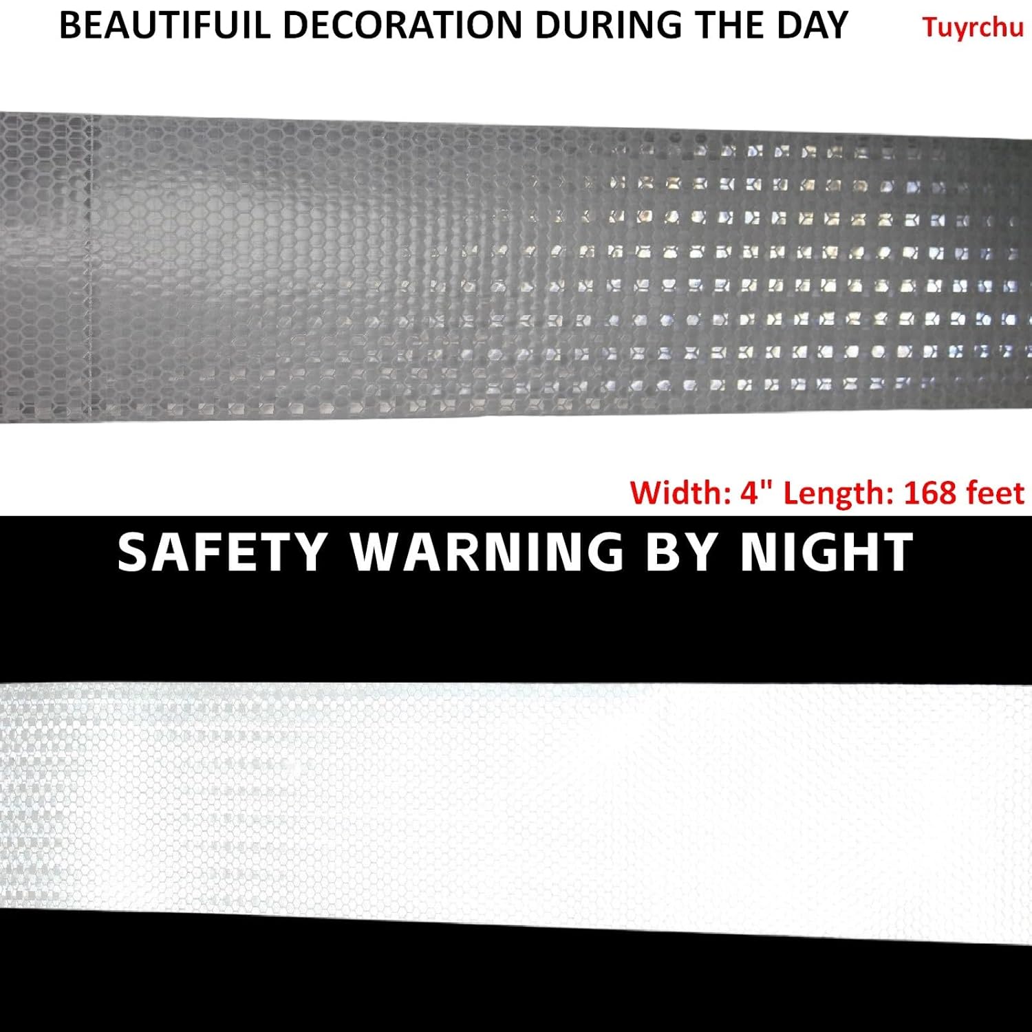 White Reflective Tape Outdoor Waterproof 4 inch Wide, High Visibility Warning Industrial Marking Tape,Safety Stickers (168 feet)