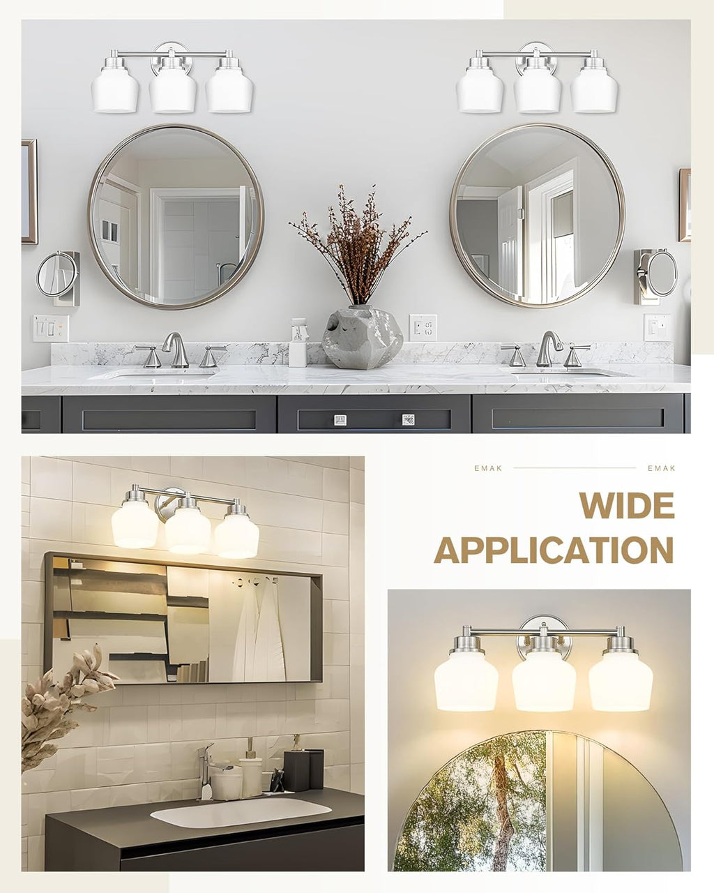 Emak Brushed Nickel Vanity Lights, Modern Milk Glass Bathroom Light Fixtures, 3-Light Bathroom Vanity Light Over Mirror, VL122-BN-ML-3