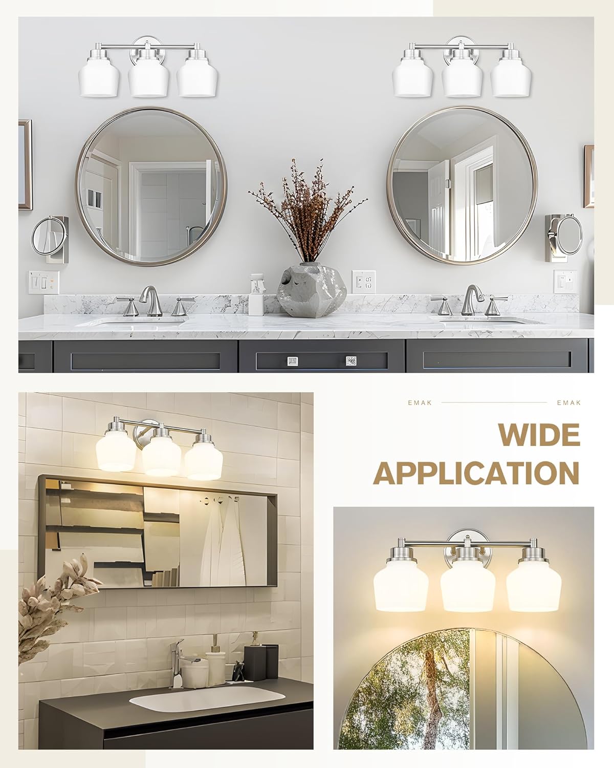 Emak Brushed Nickel Vanity Lights, Modern Milk Glass Bathroom Light Fixtures, 3-Light Bathroom Vanity Light Over Mirror, VL122-BN-ML-3
