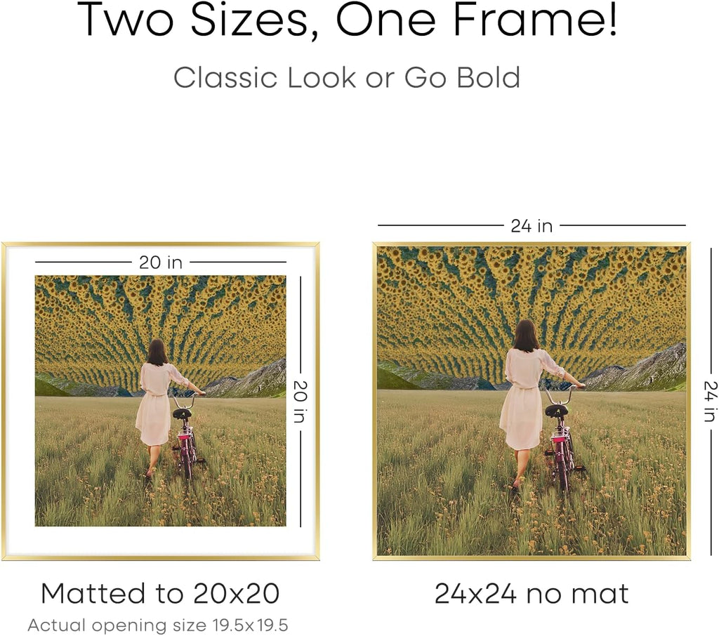 Homeforia 24x24 Gold Square Frame, High End Metal 24 x 24 Large Gold Poster Frames with Mat 20 by 20 for Photo, 24by24 Thin Picture Frame Matted to 20x20 inch Print, Tempered Glass, Wall Kit, Set of 2