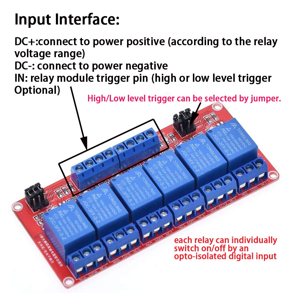12V Relay 6 Channel Relay Module with Optocoupler High/Low Level Trigger for Arduino