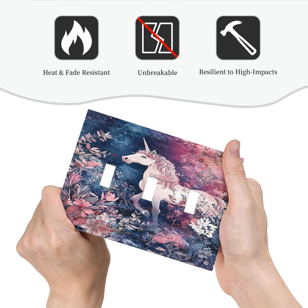 Decorative Light Switch Cover Plate Fantastic Pink Unicorn Wildflower Forest 3 Gang Wall Plate Triple Toggle Switch Plate Covers Electrical Outlet Cover for Bedroom Kids room Decor