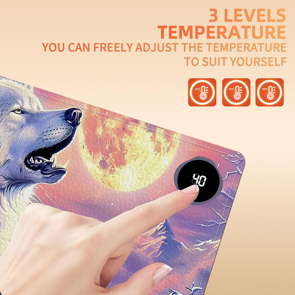 Heated Mouse Pad, Warm Desk Pad, Keyboard Mat 31.5 x 13 Inch Large Size Intelligent Fast Heating, 3 Speed Adjustable, Timed Auto Power Off for Game Office Home,Wolf Howling Under The Moon