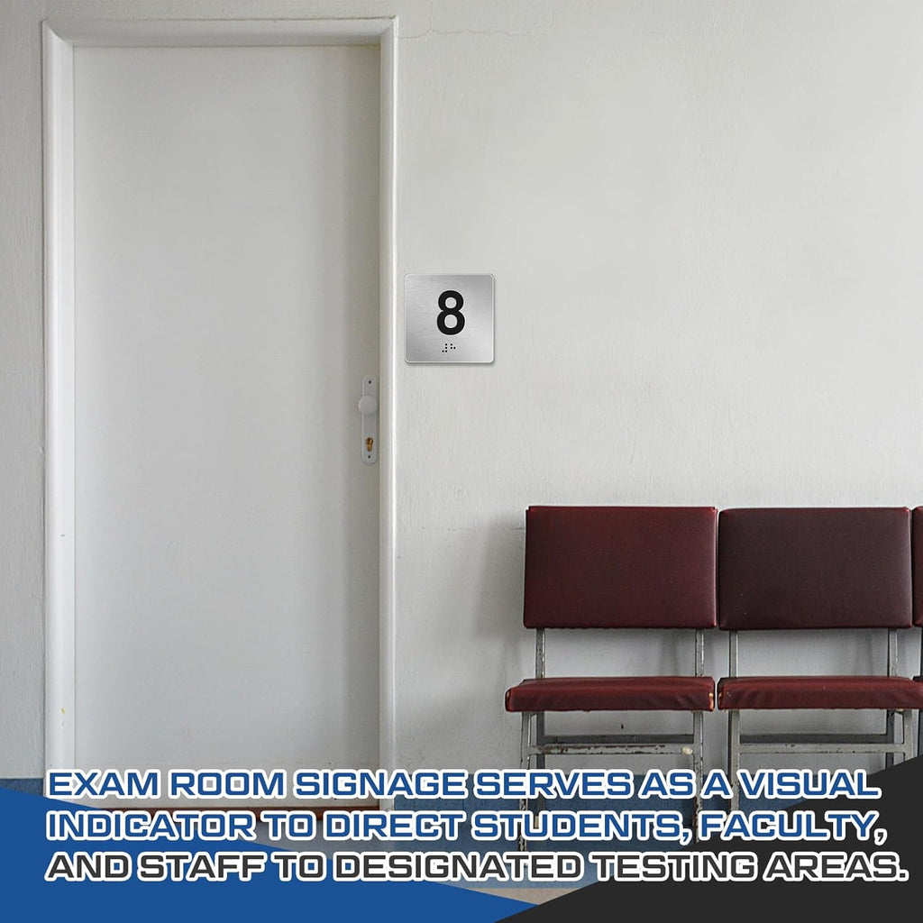 Exam Room Sign Numbers 6-10 with Braille and Tactile 4" x 4" Identification Signs Numbers for Exam Rooms Offices Educational Institution Directional Assistance Test Center, Silver/Black