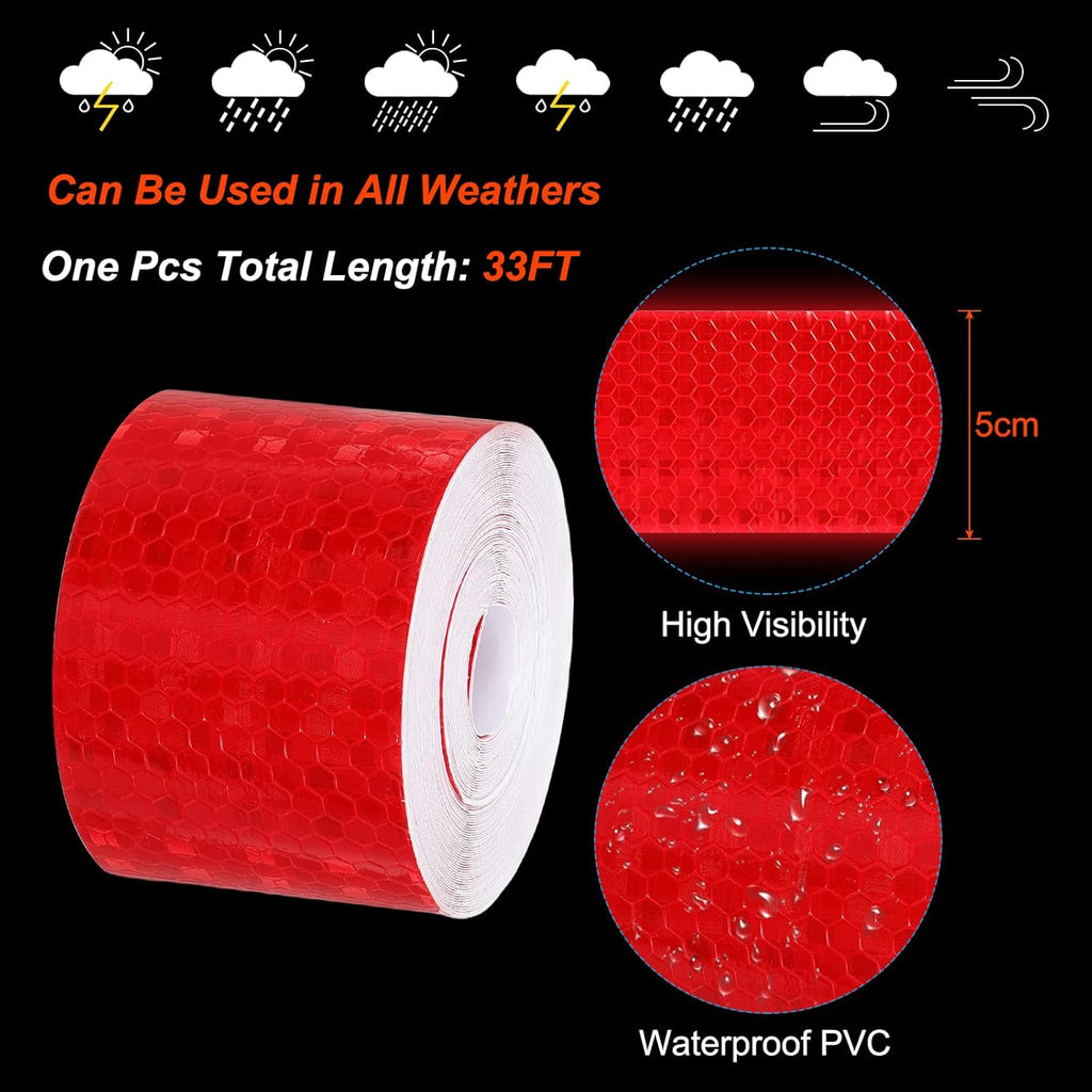 PATIKIL 2 Inch x 33 ft Reflective Tape, 1 Roll Waterproof Self Adhesive High Visibility Caution Warning Safety Tape Reflector with Scraper for Trucks Trailers Cars, Red