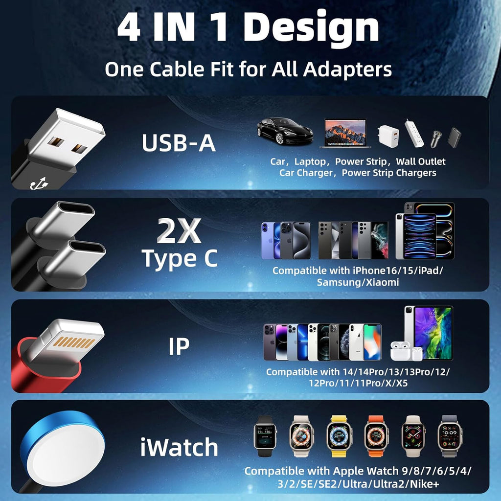Dual Type-C 4 in 1 Charging Cable for Apple iWatch Charger, Travel Essentials Multi Charging Cable iPhone Charger Cord Compatible with iWatch Ultra/SE/10-1, iPhone17 16 15 14, Android-1Pc 5FT