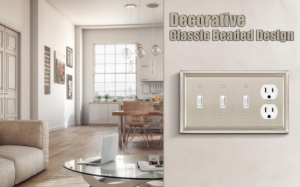 Henne Bery Sunken Pearls Heavy Duty Decorative Wall Plate Switch Plate Outlet Cover (Triple Toggle/Single Duplex, Satin Nickel)