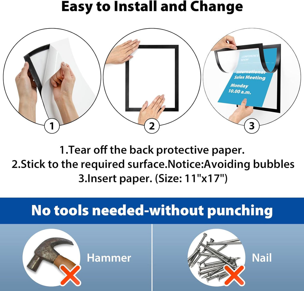 11"x 17" Self Adhesive Magnetic Sign Holder, Double Sided Window Magnetic Display Frame with Clear PVC and Strong Magnetic for Office/Home/Store/Door/Glass/Wall Display Frame(Black,10Pack)