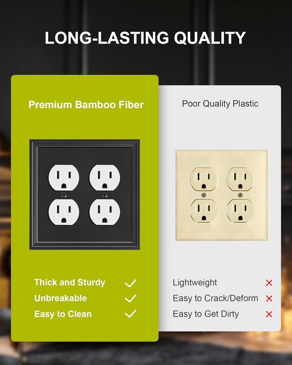 2-Pack Double Duplex Outlet Cover, Natural Bamboo Fiber Switch Plates and Outlet Covers, Black Decorative Wall Plates for Electrical Outlets, 2 Gang Receptacle Cover, Corrosion Resistant