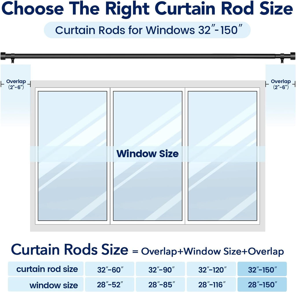 2 Pack Curtain Rods for Windows 72 to 144 Inch, 1 Inch Black Adjustable Heavy Duty Extra Long Curtain Rod Set with End Cap, Modern Outdoor Drapery Rods for Patio Bedroom, Size 32"- 150"