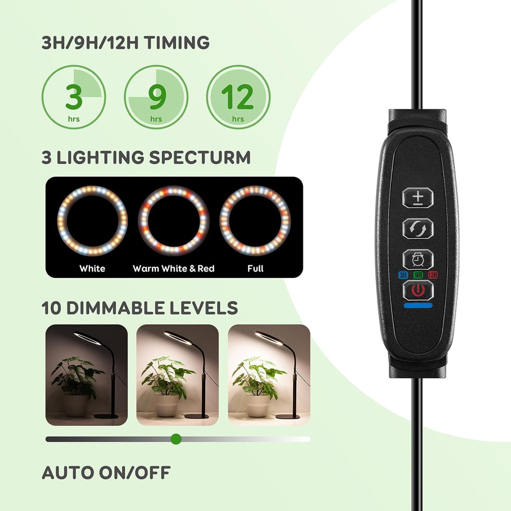 One Head Grow Lights for Indoor Plant Full Spectrum, Desk Halo Plant Lights for Indoor Growing with 3H/9H/12H Timer, 5 Dimmable Levels,Height Adjustable 9.4-23.6",Strong Metal Base Happy Light