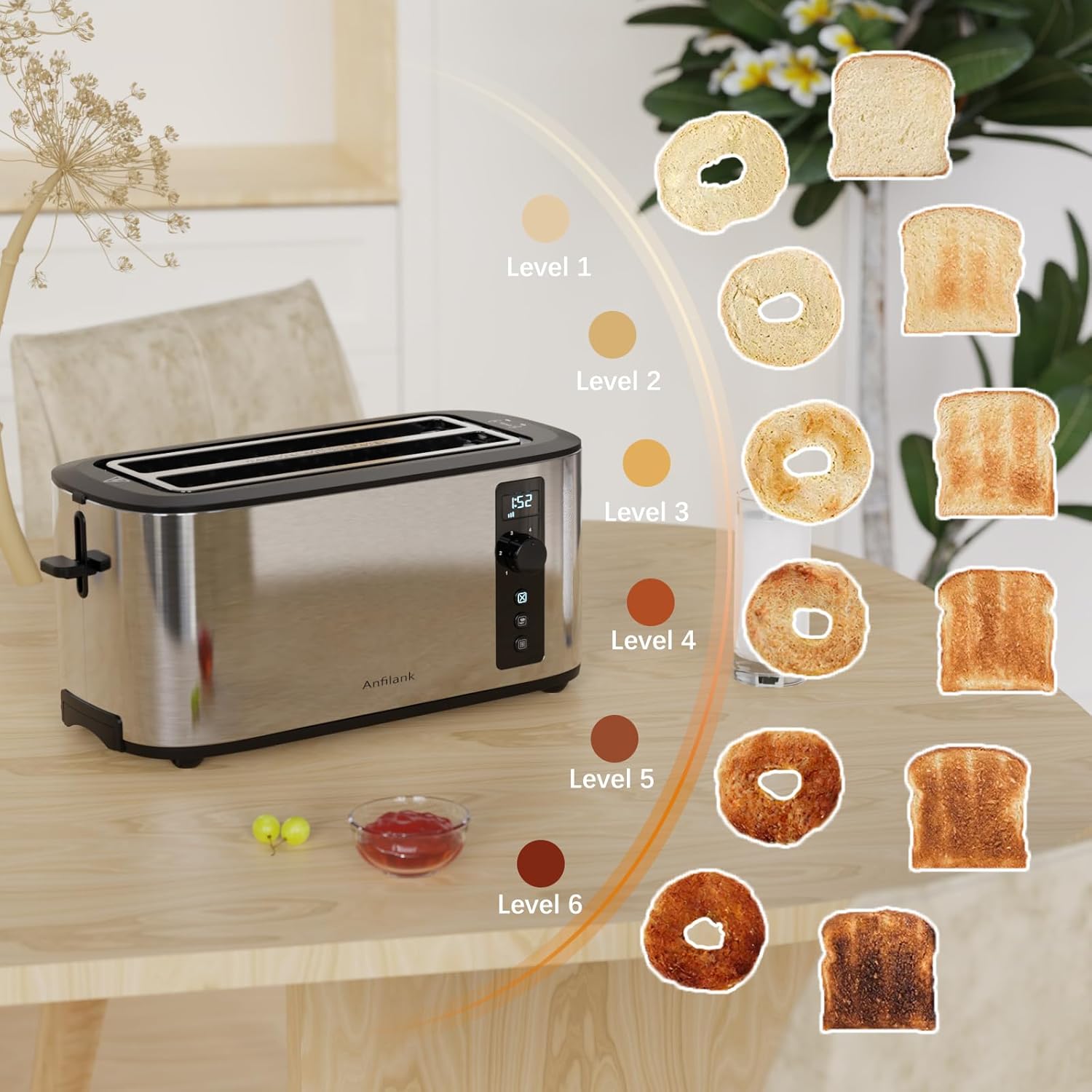 Toaster 4 Slice with Countdown Timer, Extra Wide Slots for Bagels and Waffles, 6 Browning Settings, Removable Crumb Tray, Stainless Steel