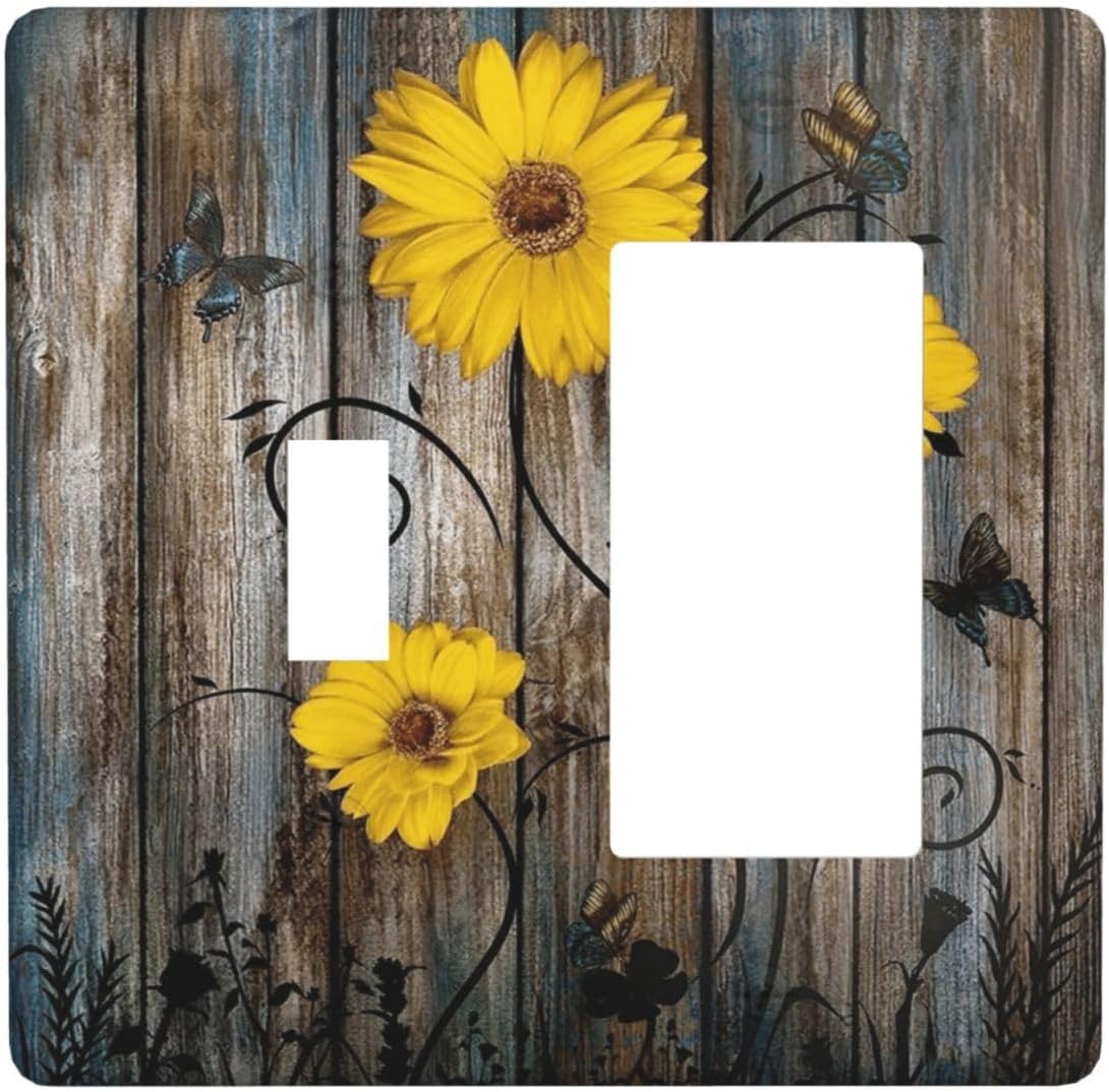 Rustic Barn Sunflower Wooden Daisy Flower Plank Outlet Covers 1 Toggle 1 Rocker Combination Decorative Wall Plate Electrical Switch Plates Light Switch Cover Plate for Farmhouse Home Decor