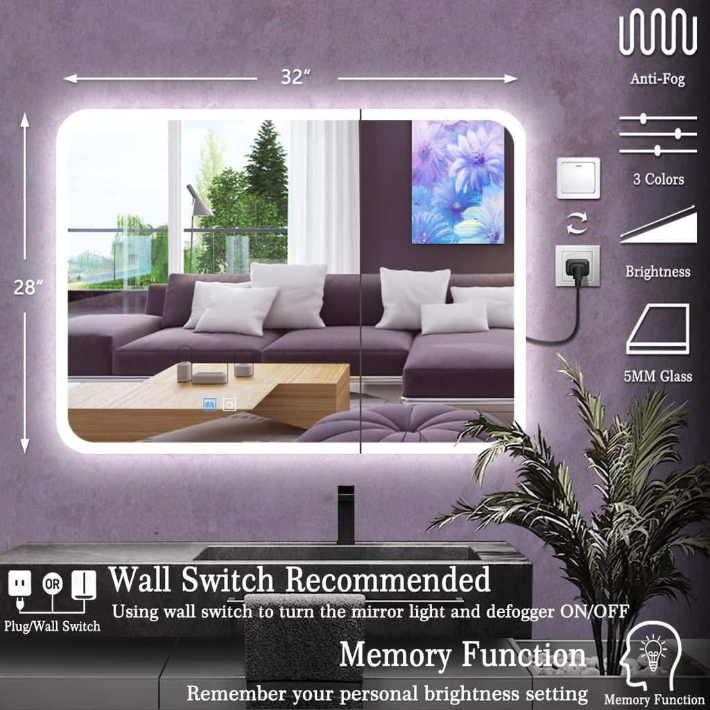 28 x 32 Inch White Medicine Cabinet LED Mirror with Lights 3 Color Dimmable Anti-Fog 2 Door 32 Inch Bathroom Lighted Medicine Cabinet with Mirror and Lights Storage for Bathroom Wall