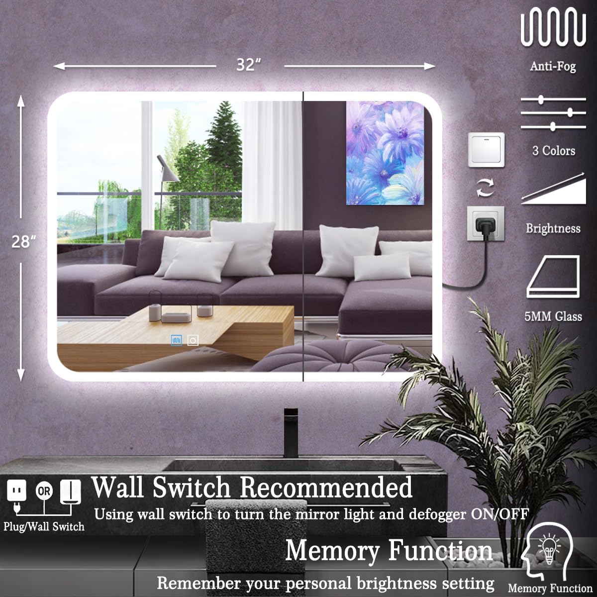 28 x 32 Inch White Medicine Cabinet LED Mirror with Lights 3 Color Dimmable Anti-Fog 2 Door 32 Inch Bathroom Lighted Medicine Cabinet with Mirror and Lights Storage for Bathroom Wall