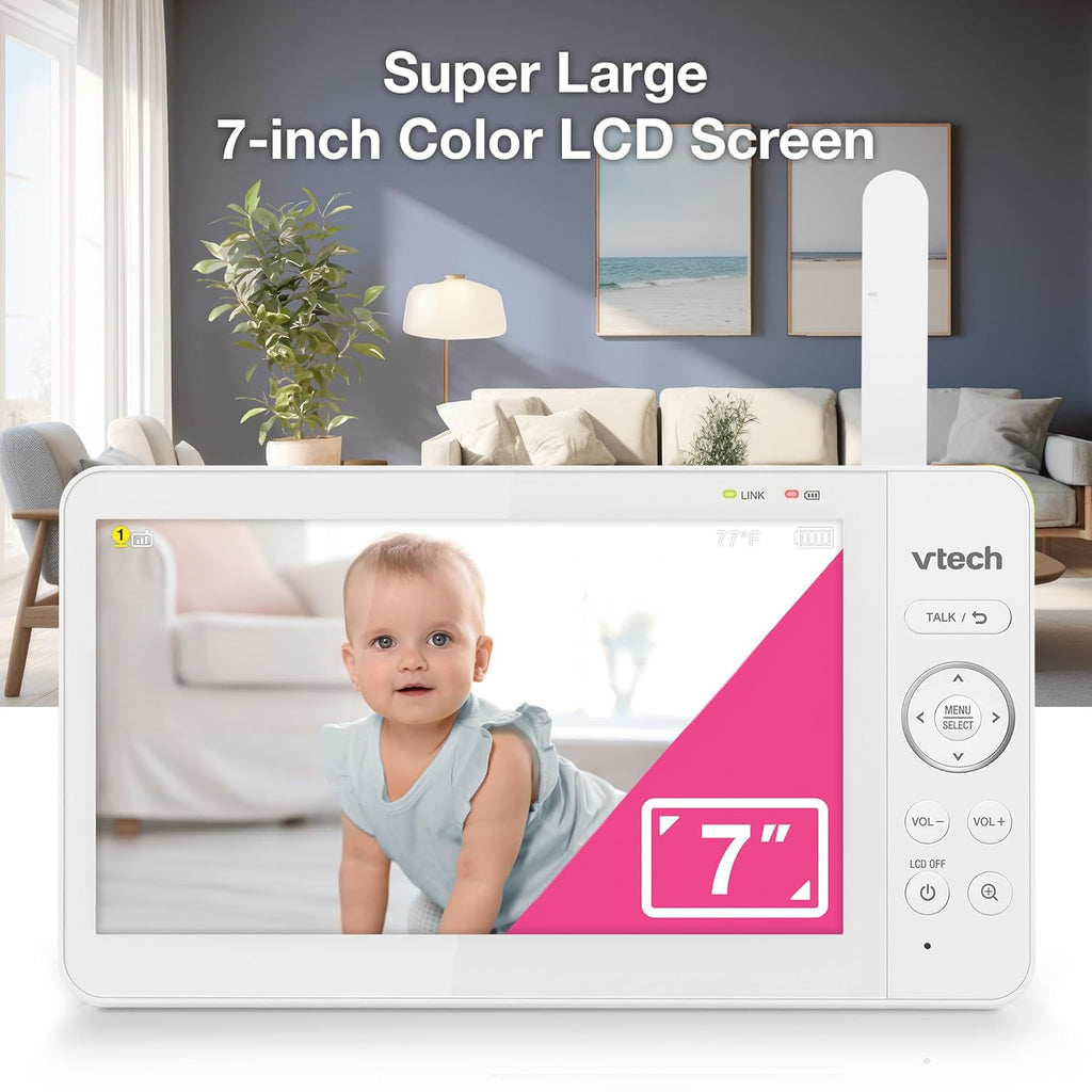 VTech Video Baby Monitor with 7" Color LCD Screen, Rechargeable Battery, Video Streaming, Audio Streaming, Pan-Tilt-Zoom, Touch Multi-Color Night Light, Two-Way Talk, Long Range: Advanced Max Blue