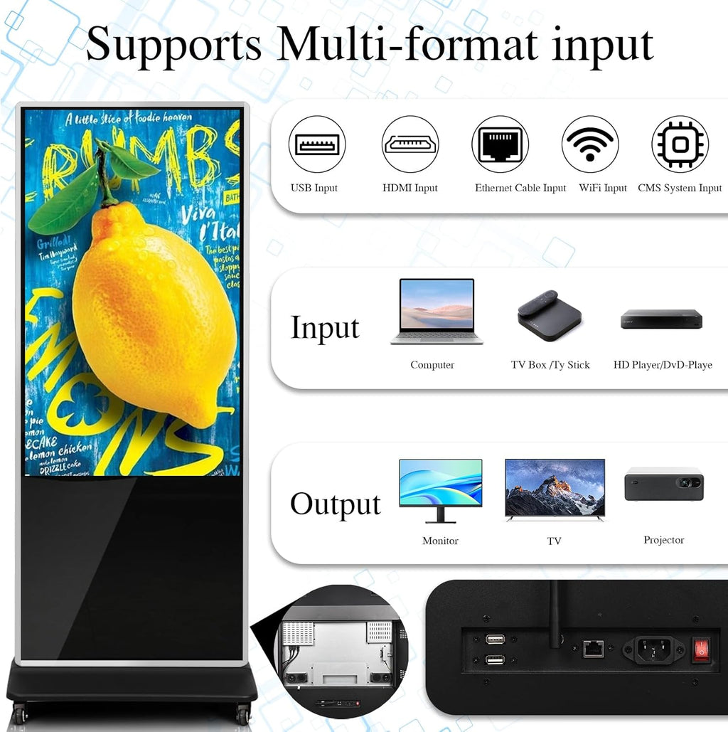 55" 4K LCD Touchscreen Digital Signage Display, Indoor Floor Standing Advertising Player, Commercial Digital Signage Kiosk with Auto AD Player, HDMI WiFi Bluetooth Input, Android 12.0 Black