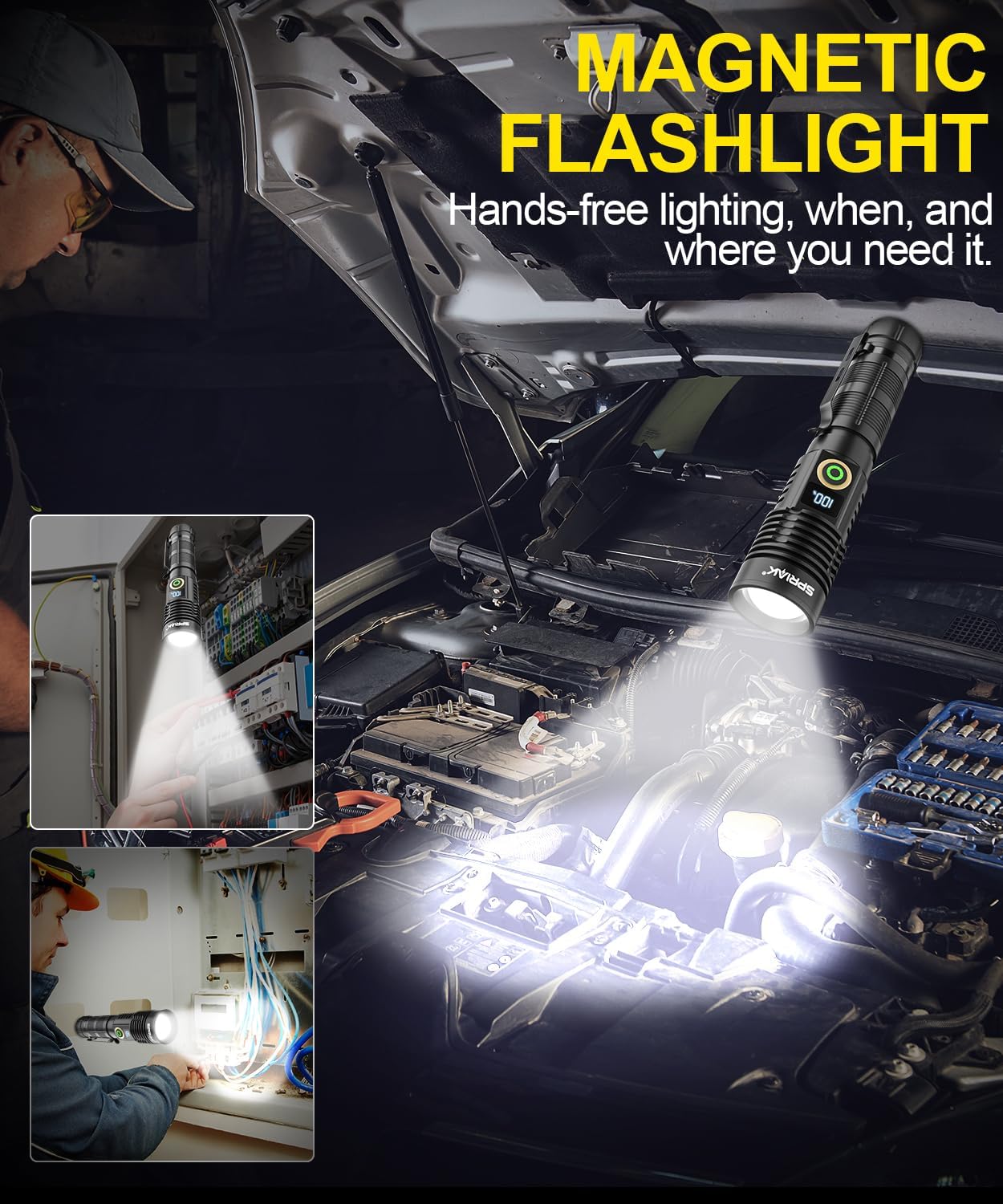 Rechargeable Flashlight High Lumens-Super Bright Magnetic Flash Light with Power Digital Display, Long Range,Dimmable,Waterproof,Pocket Handheld Tactical LED Flashlights for Emergency