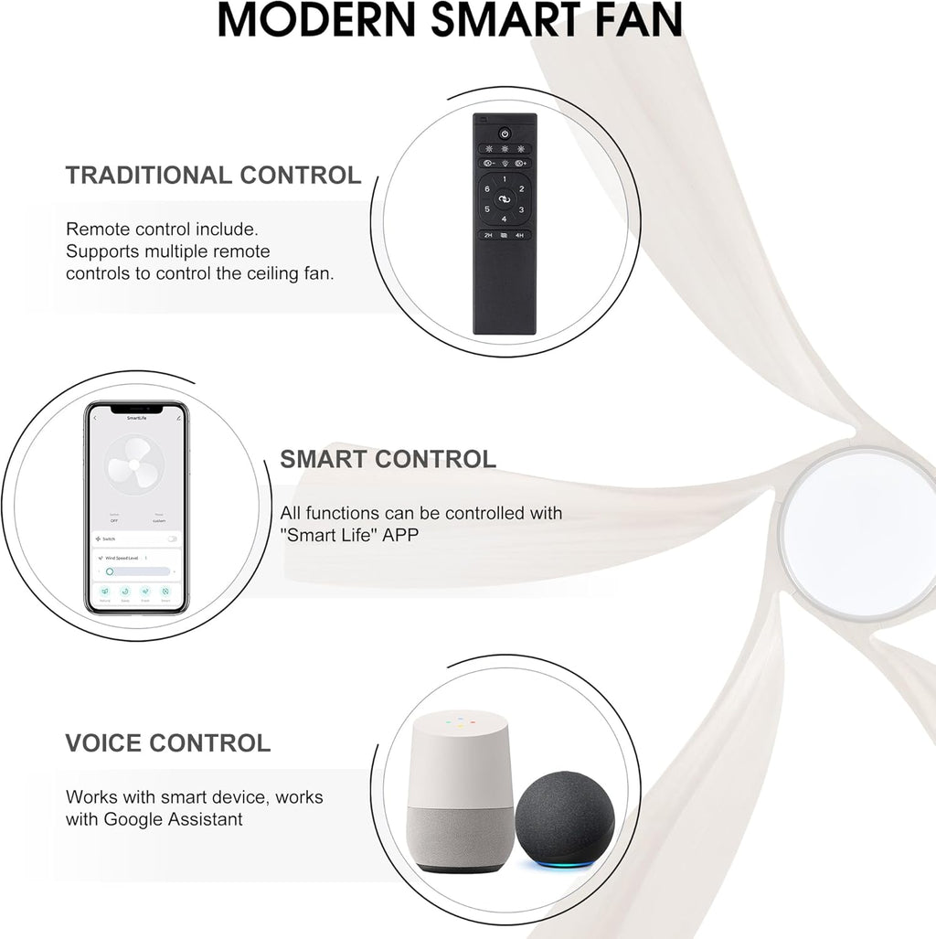 WINGBO 60" Smart Ceiling Fan with Light, Dimmable LED Light, 6-Speed Remote/APP/Voice Control, Solid Wood Blades Fan for Bedroom/Living Room/Shop Works with Alexa or Google Assistant Light Wood Color