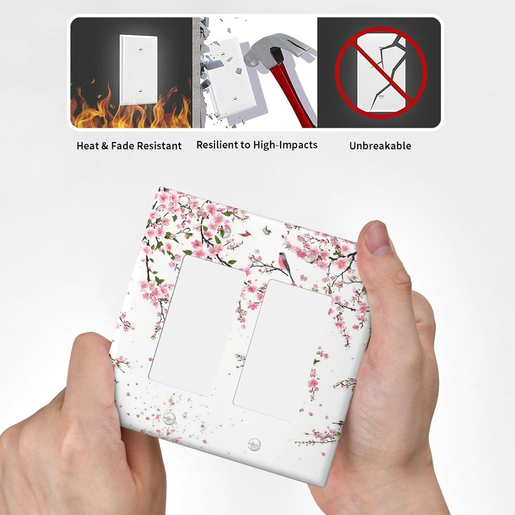 Decorative Outlet Covers Rustic Plum Blossom Pink Flowers 2 Gang Light Switch Cover Plate Double Rocker Wall Plate Switch Plate Covers Faceplate for Home Bedroom Decor （2 Pack）