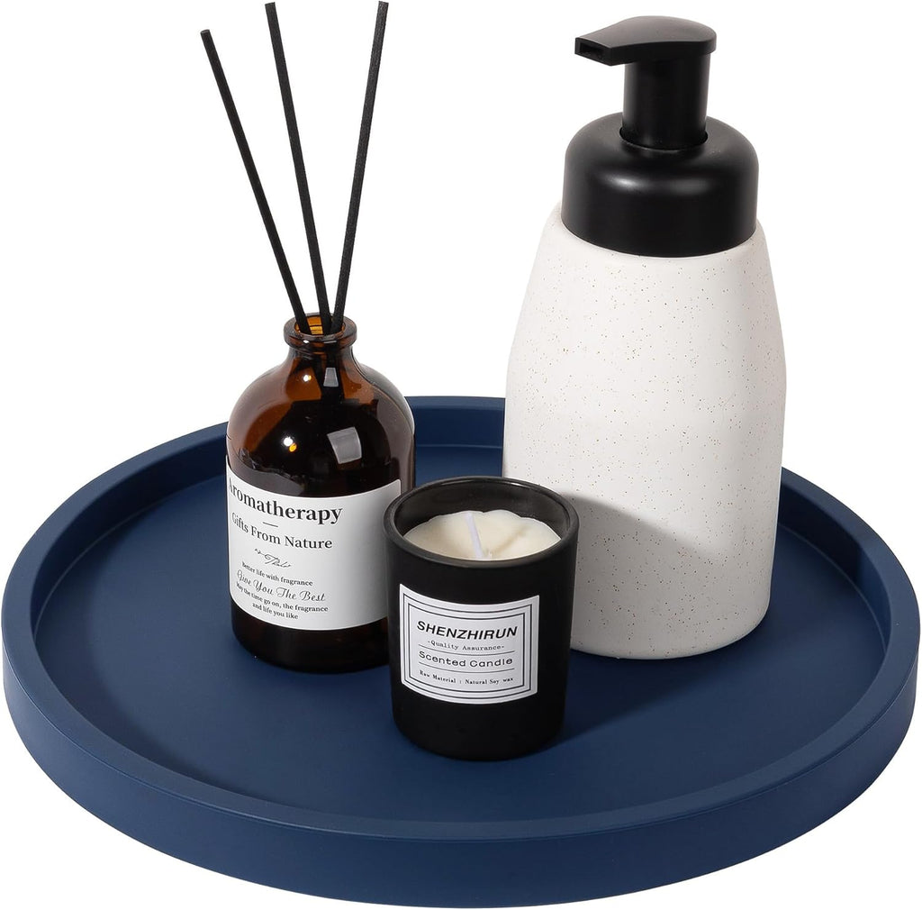 Silicone Bathroom Tray Round Vanity Tray Decorative Soap Holder Kitchen Countertop Organizer Coffee Table Decor for Candle, Perfume, Plant, 10 Inch, Dark Blue