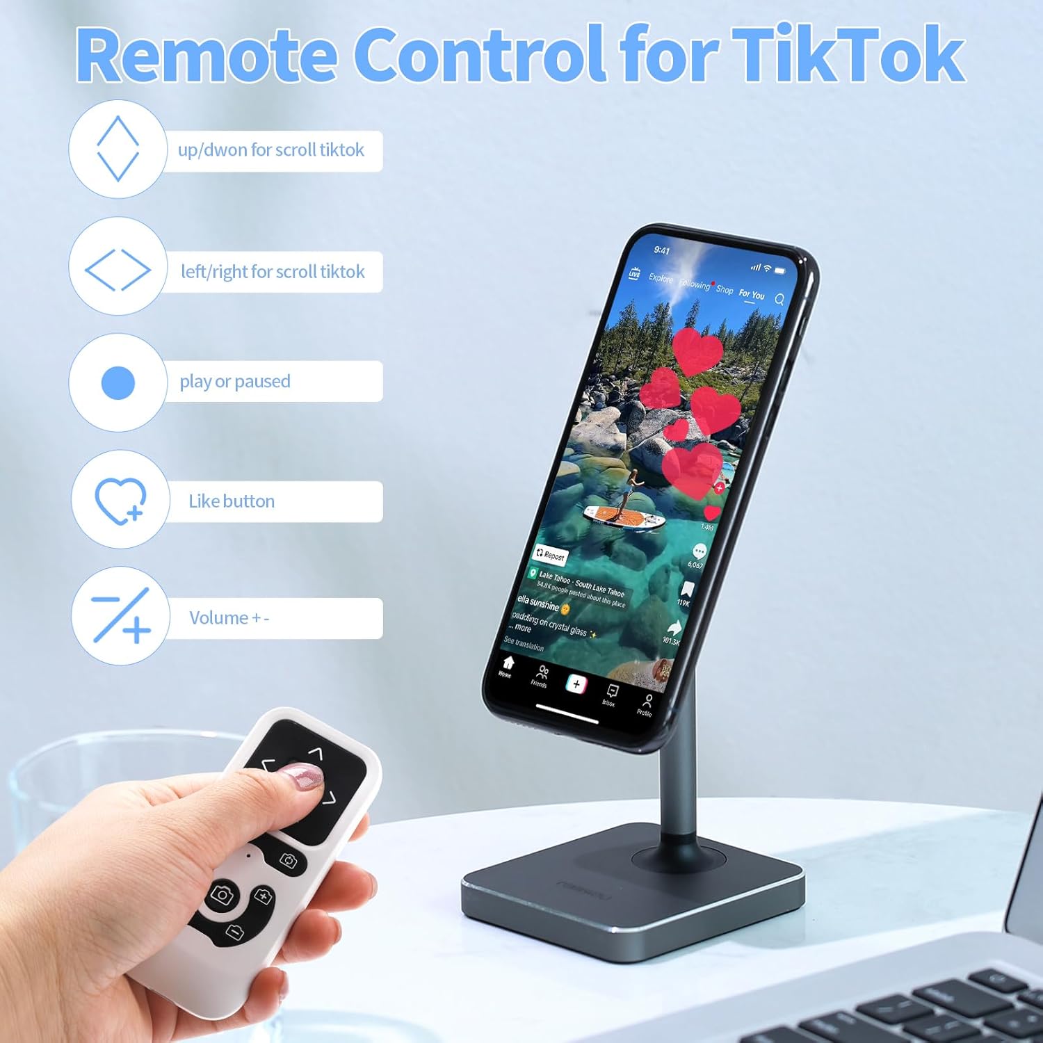 Wireless Camera Remote Control for iPhone, Control Phone Camera Shutter and Zoom, Control Scrolling Remote for Tiktok Videos, Page Turner for Kindle App, for iOS, Android, iPad (White)