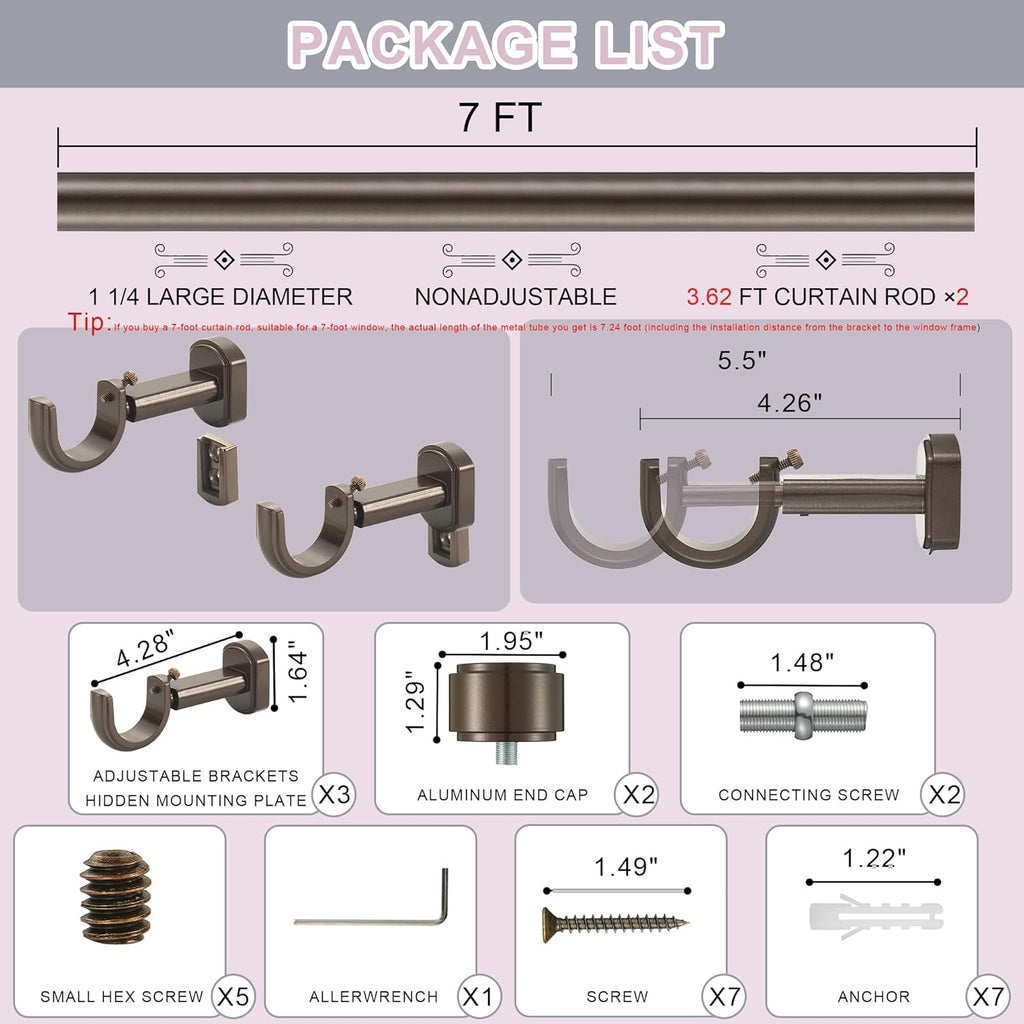 Heavy Duty Curtain Rods,1 1/4" Large Diameter Premium Nonadjustable Curtain Rod,84in/7ft Custom Window Treatment Rods with Durable Aluminum Brackets and End Caps,Dark Bronze Finish