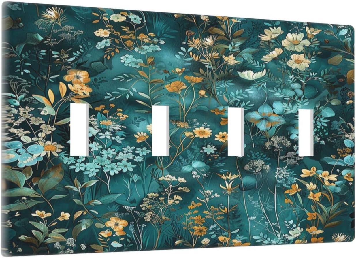 Light Switch Covers Green Leaf Floral Boho Golden Flower Plant Quad Toggle Electrical Faceplate 4 Gang Wall Plate Decorative Switch Plates For Bed Room Cabin Decor