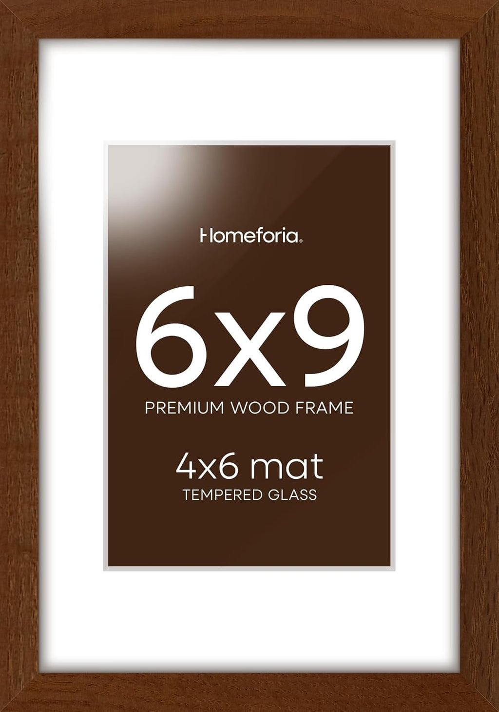Homeforia 6x9 Picture Frame Brown Wood, High End Dark Oak 6x9 Walnut Wooden Frames with Mat 4x6 Photo, 6 x 9 Frame Matted to 4 x 6 Print, 9x6 Wall or Tabletop Frame, Tempered Glass, Wall Kit, Set of 1