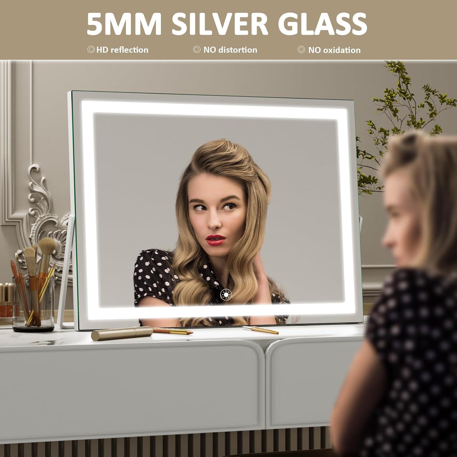 Ligheted Vanity Mirror with Lights, 14" x 10" LED Makeup Mirror, 3 Modes Light, Smart Touch Control Dimmable, 360°Rotation, Rectangle White Frame