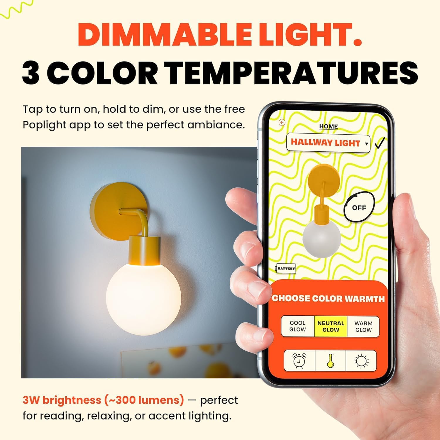 Wireless Wall Sconce (Shark Tank) Rechargeable & Dimmable LED Light w/App Control & Damage-Free Install, Moveable Modern Ambient Lighting for Elegant Home & Bedroom Decor | Marigold