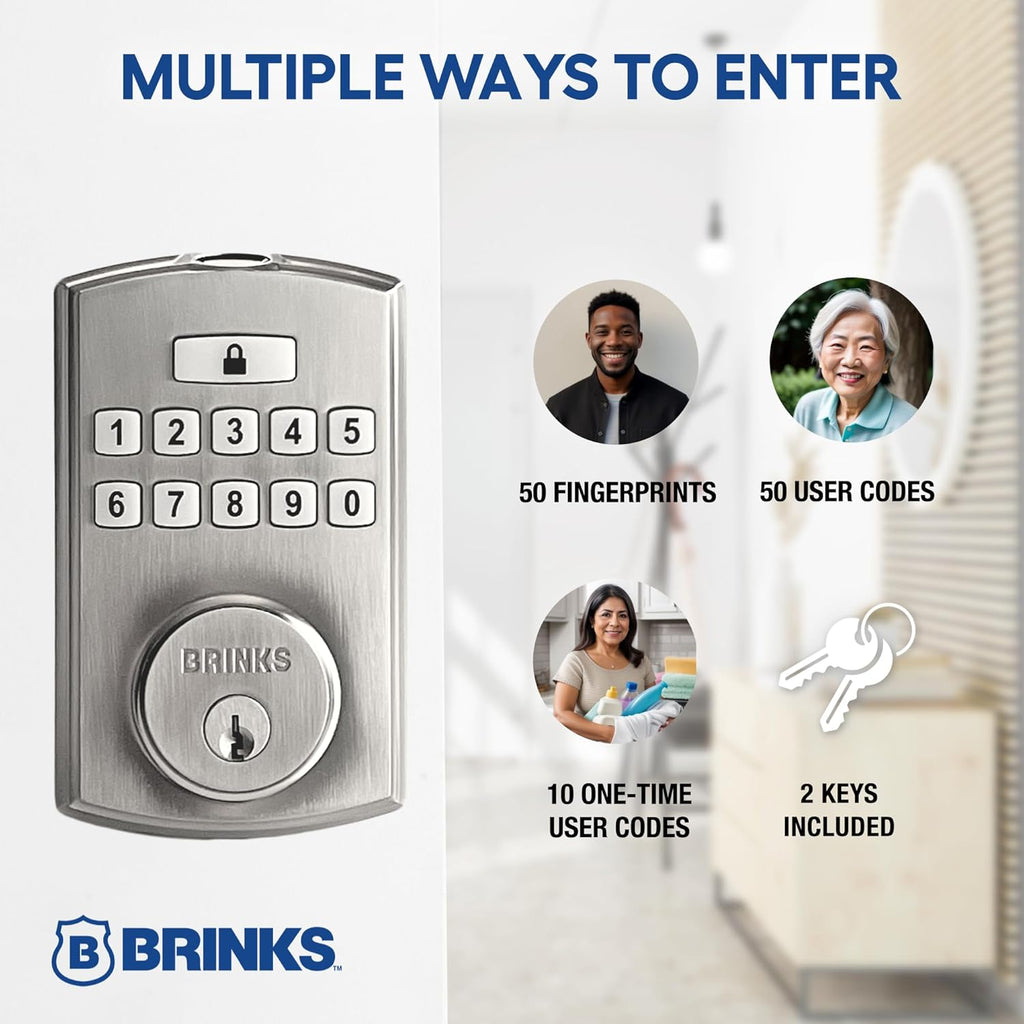 BRINKS Security Door Locks, High-Security Keyless Entry, Smart Electronic Door Lock with Deadbolt, Up to 50 Codes, Automatic Locking (Deadbolt, Satin Nickel)