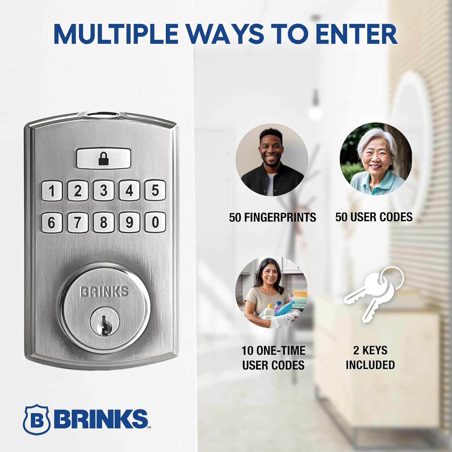 BRINKS Security Door Locks, High-Security Keyless Entry, Smart Electronic Door Lock with Deadbolt, Up to 50 Codes, Automatic Locking (Deadbolt & Passage Knob, Satin Nickel)