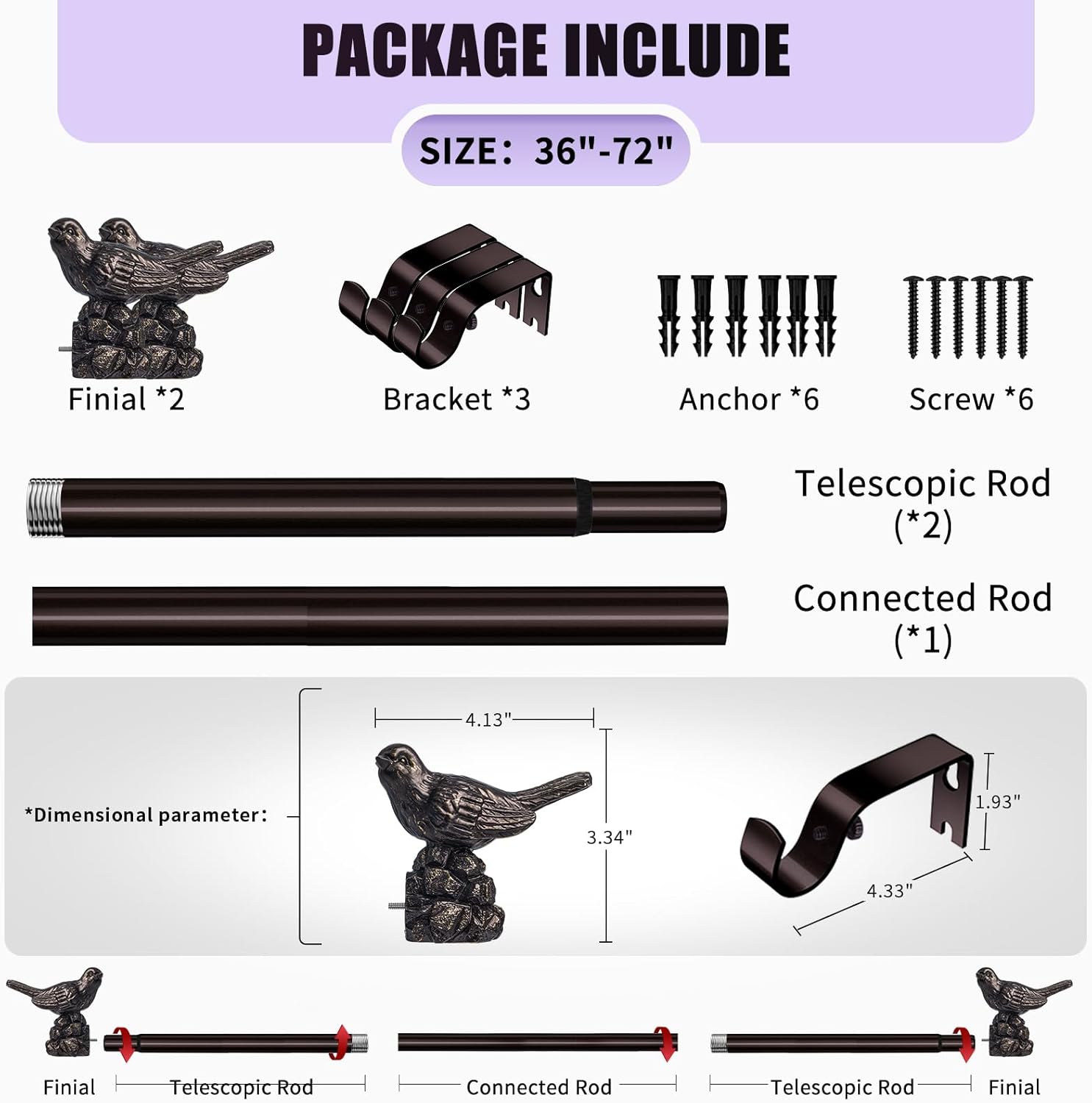Curtain Rod 36 to 72 Inches Vintage Oil Bronze Curtain Rods for Windows Adjustable Heavy Duty Drapery Rod with Bird Finials for Living Room Bedroom