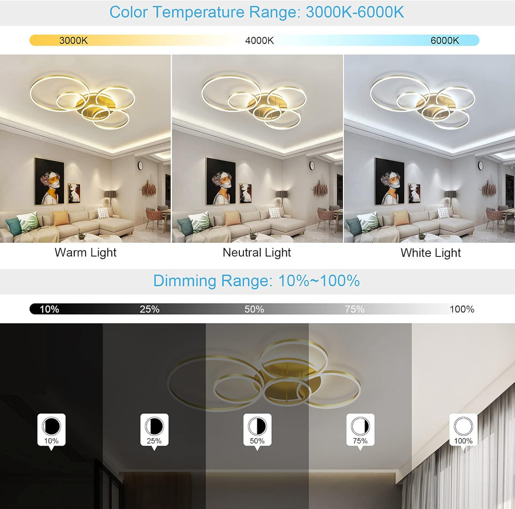 Modern LED Ceiling Light 106W Dimmable LED Acrylic Ceiling Lamp with Remote Control 6 Rings Flush Mount Ceiling Light Gold Ceiling Chandelier for Living Room Dining Room Bedroom Kitchen (5+1G01)