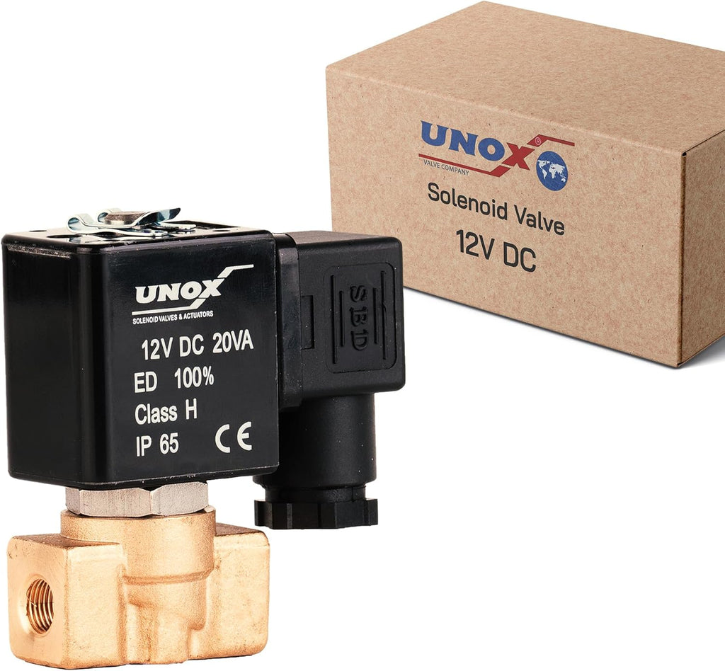 UNOX 1/4" NPT Solenoid Valve 12V DC, Brass Control Valve Normally Closed - 0-232 PSI Multi-Purpose Reliable Control Valve for Water, Air, and Gas - Solenoid Valves