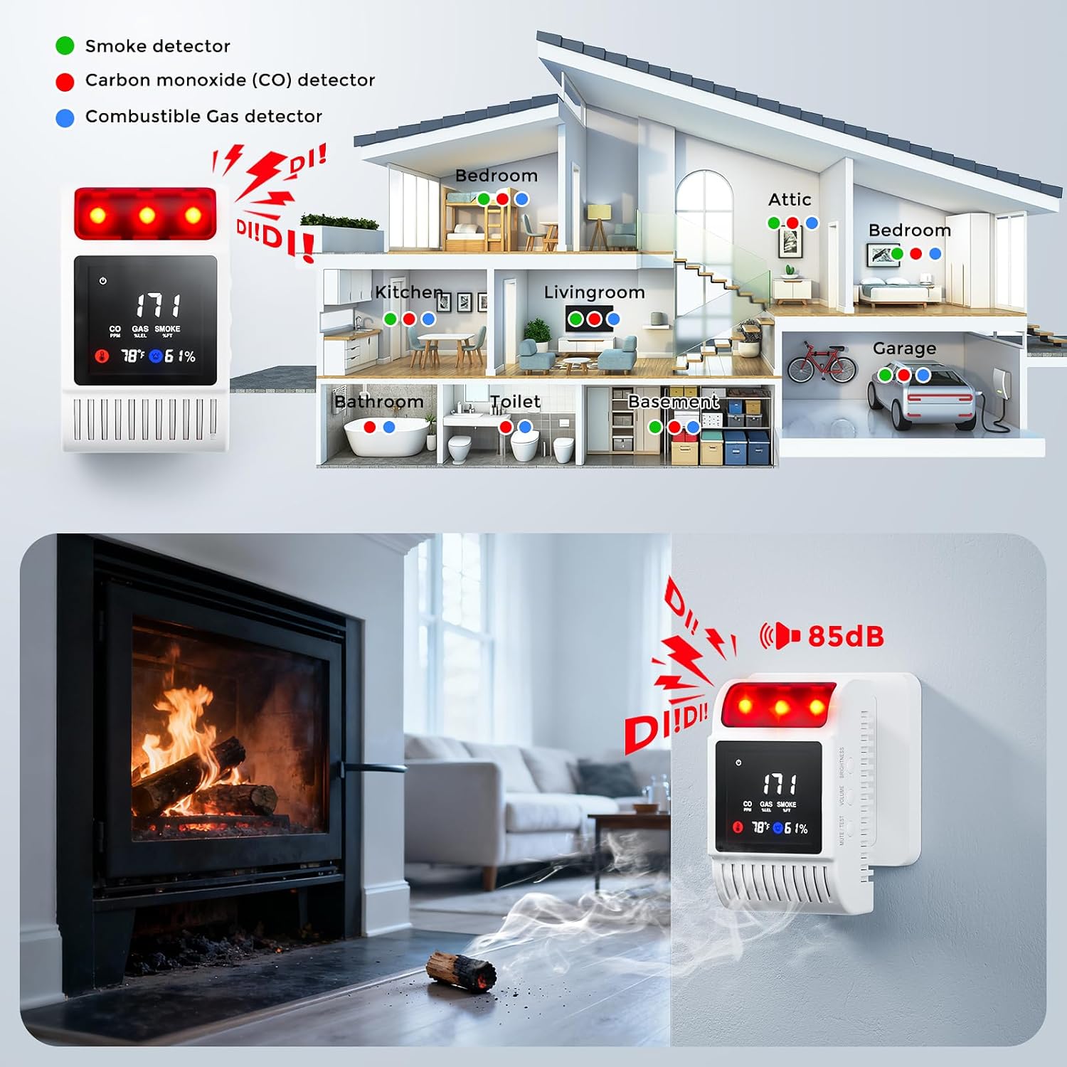 Carbon Monoxide Detectors & Gas Detector, Smoke and Carbon Monoxide Detector Battery Backup with Temperature Humidity Detection, Fire Alarms Smoke Detectors Adjustable Brightness & Sound 3 Pack