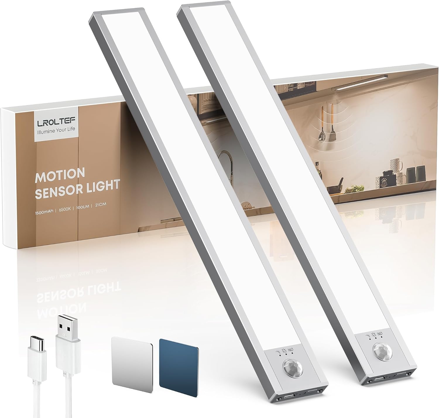 Under Cabinet Kitchen Lights, Motion Sensor Dimmable 21cm 1500mAh 6500K LED Under Counter Rechargeable Wardrobe Indoor Night Lights for Kitchen Shelf Stairs Closet 2 Pack