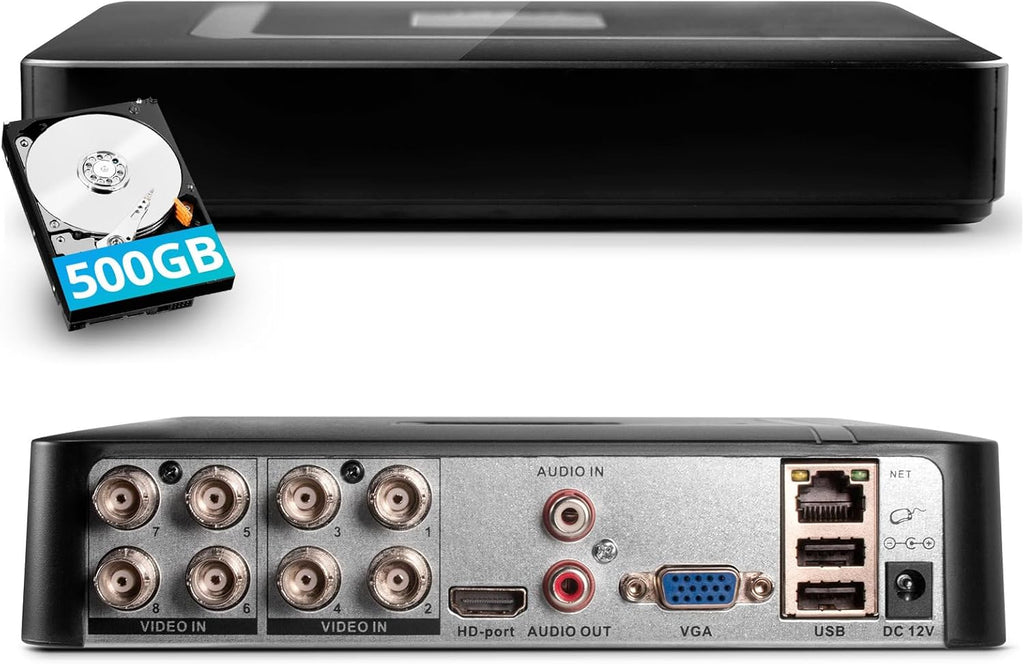 Fuers H.265+ Security DVR Recorder with 500G Hard Drive,8CH Hybrid 6-in-1 CCTV DVR for Surveillance Camera, Supports 8CH Analog Cameras, AI Human Detection, Mart Playback, Email Alert,Remote Access
