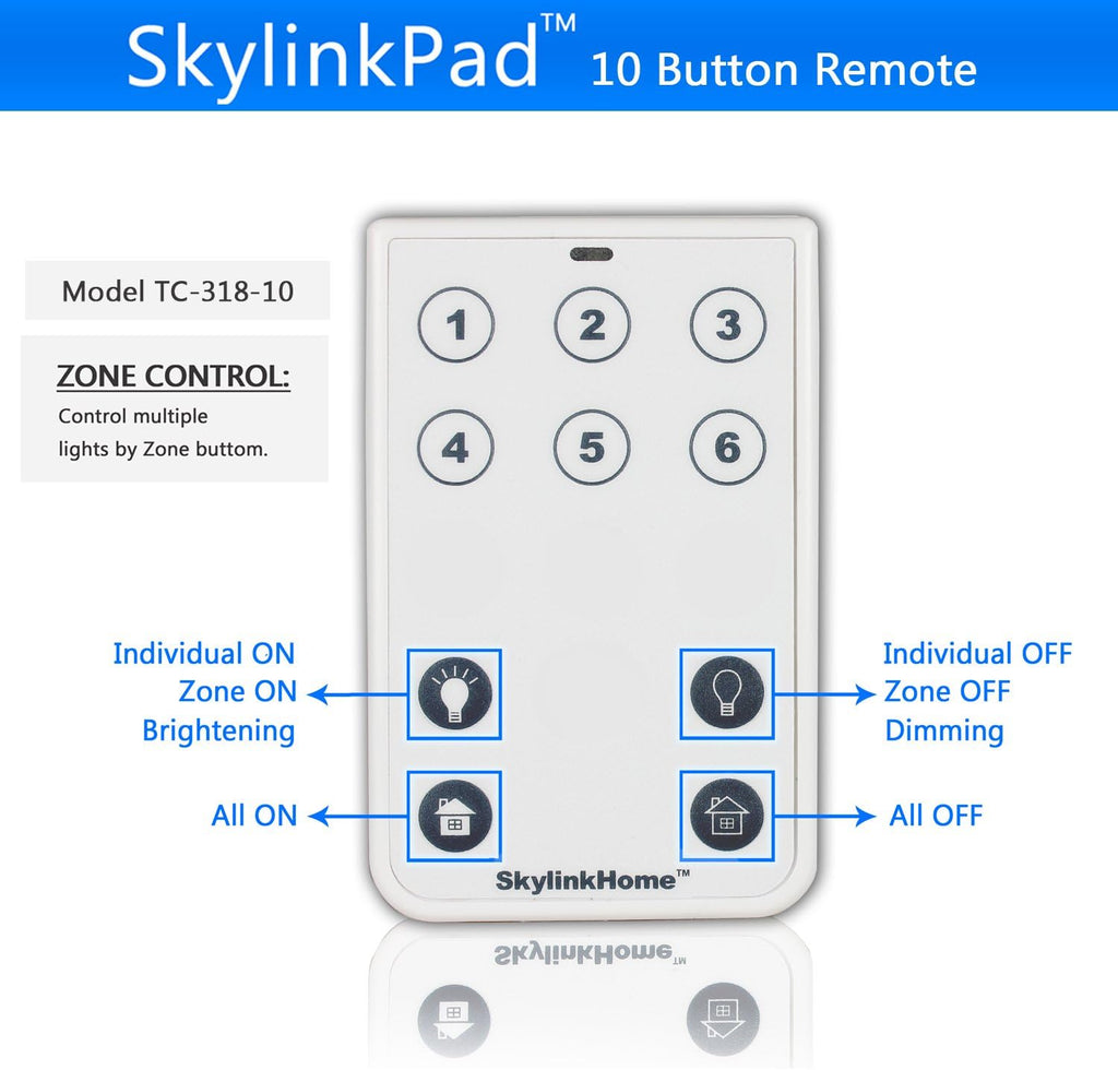 SkylinkHome TC-318-10 Ten Button Deluxe Wireless Lighting Remote Control | Simple Small Easy To Use Handheld Home Automation Transmitter