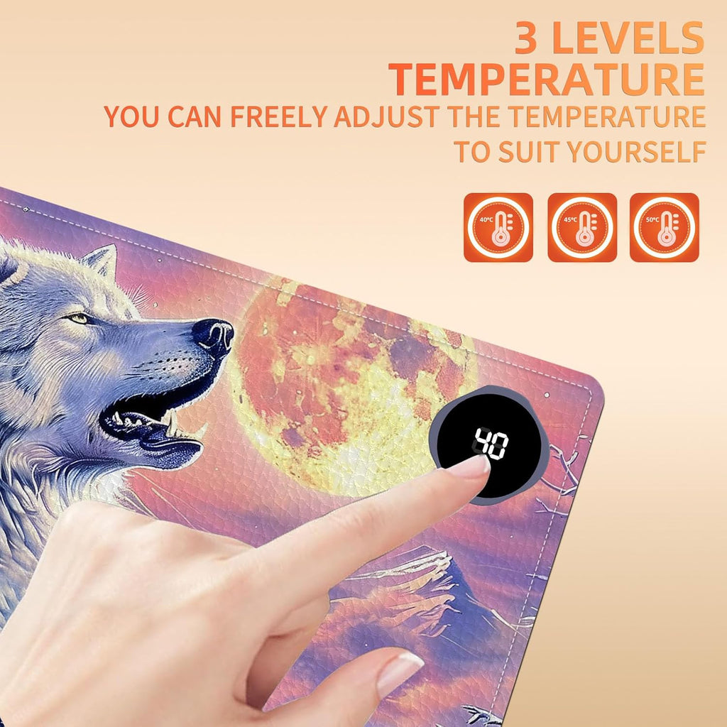 Heated Mouse Pad, Warm Desk Pad, Keyboard Mat 23.6 x 14 Inch Large Size Intelligent Fast Heating, 3 Speed Adjustable, Timed Auto Power Off for Game Office Home, Wolf Howling Under The Moon