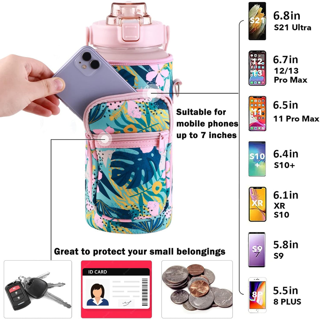 RYI Half Gallon Water Bottle with Sleeve & Strap 64 OZ Motivational Water Bottles with Straw Large Wide Mouth Water Jug with Time Marker for Fitness, Gym and Outdoor Sports, Leak-proof & BPA Free
