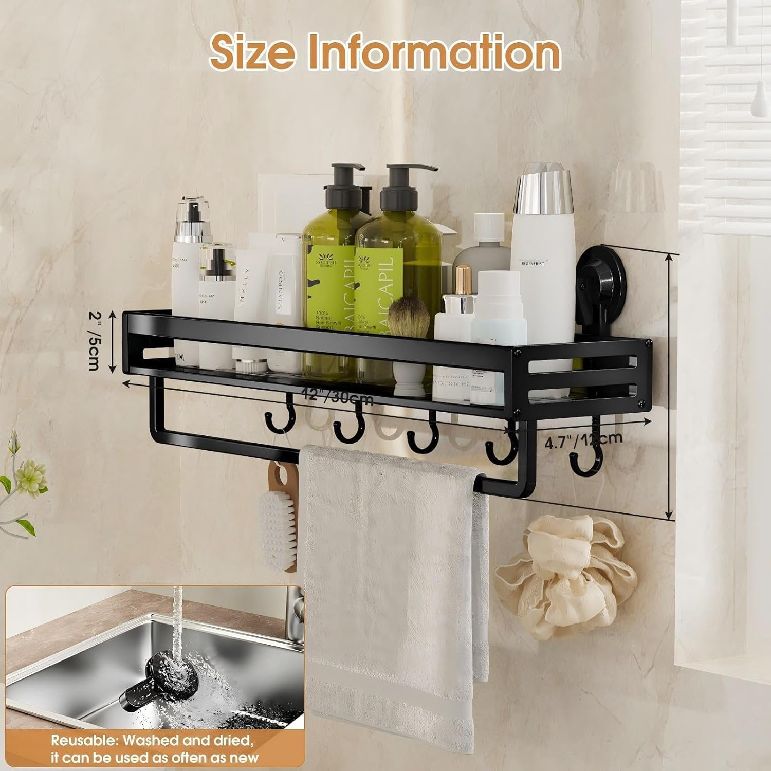 Shower Caddy Suction Cup, 11.8 inch Suction Shower Shelf with Hooks NO-Drilling Bathroom Holder, Rustproof Bathroom Organizer, Black