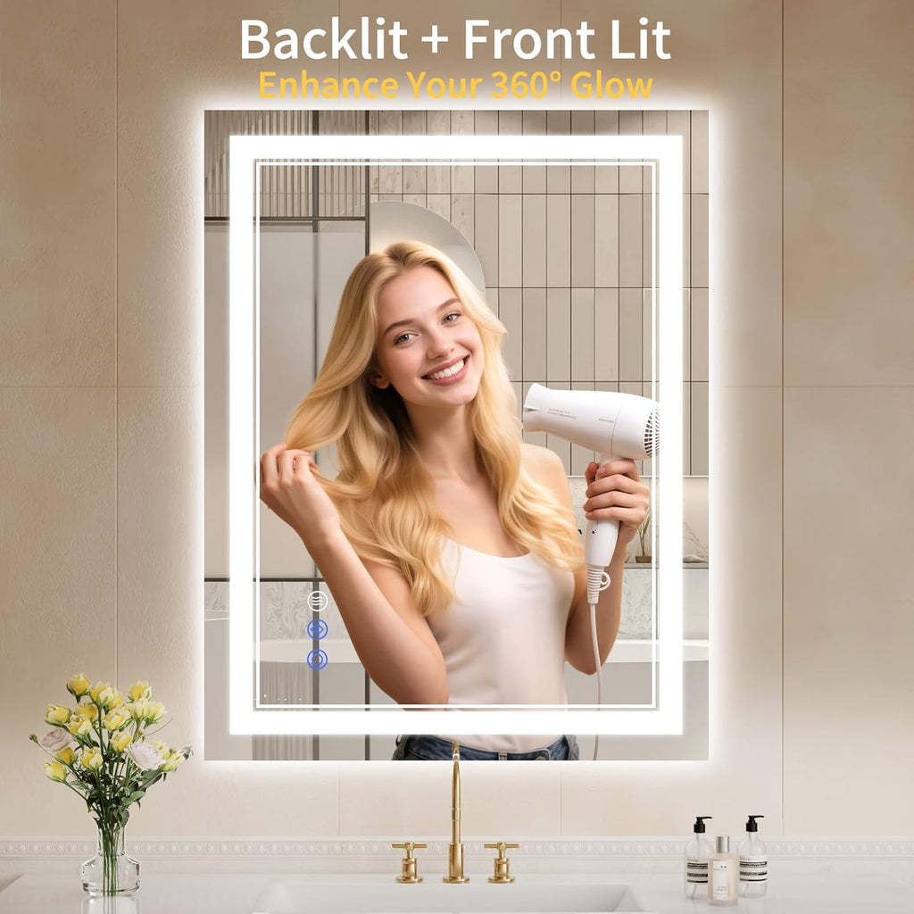 28"x36" LED Bathroom Mirror with Lights, Anti-Fog, Backlit + Front Lit, Dimmable, Led Vanity Mirror for Wall, Lighted Bathroom Mirror, 3 Colors, Shatter-Proof Tempered Glass