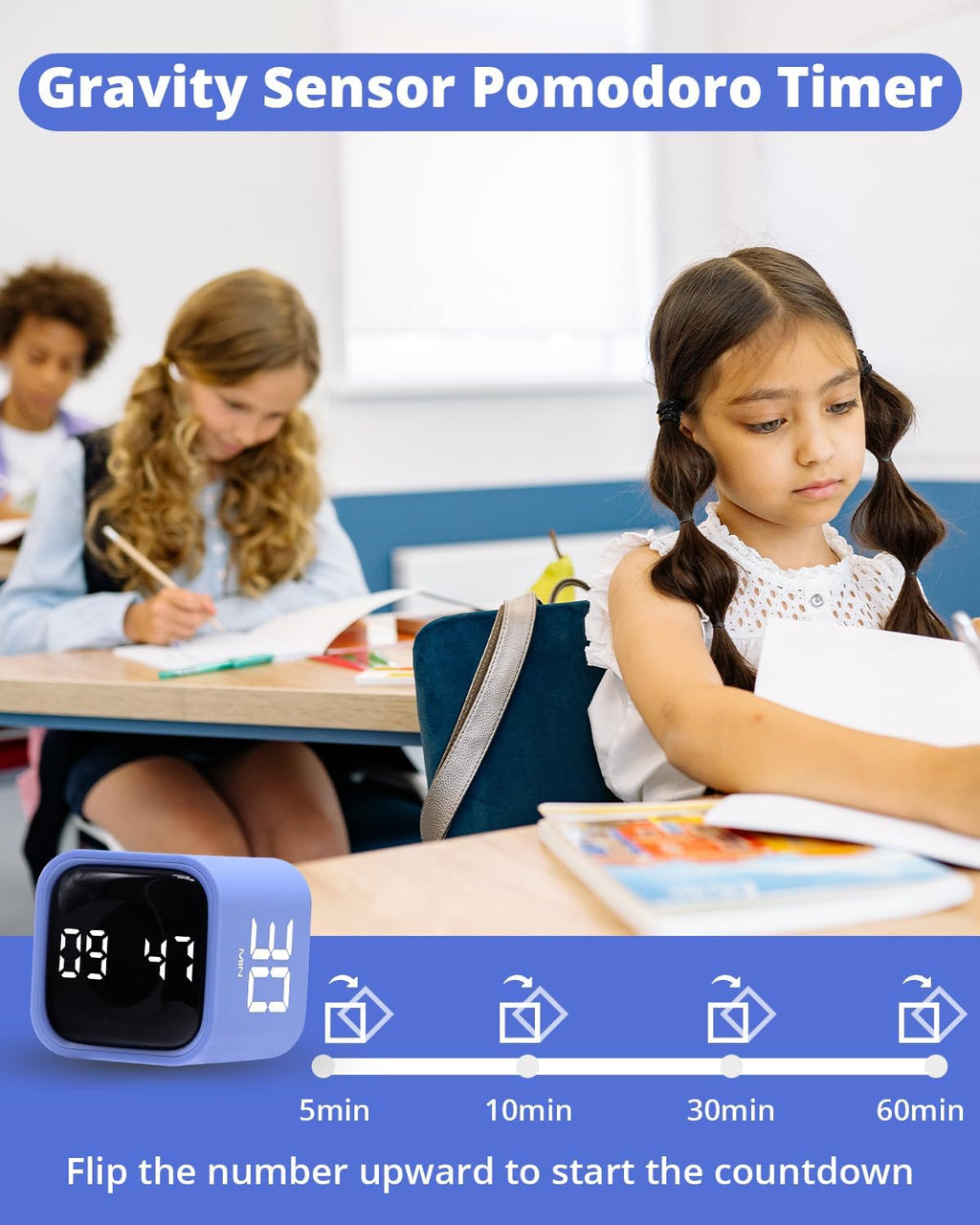 Productivity Timer Flip Gravity Sensor Cube Timer Countdown & Countup,Mute & Vibrate & Sound，5/10/30/60min & Custom Timing, Perfect for ADHD,Work,Learning,Kitchen Cooking (2 Blue)