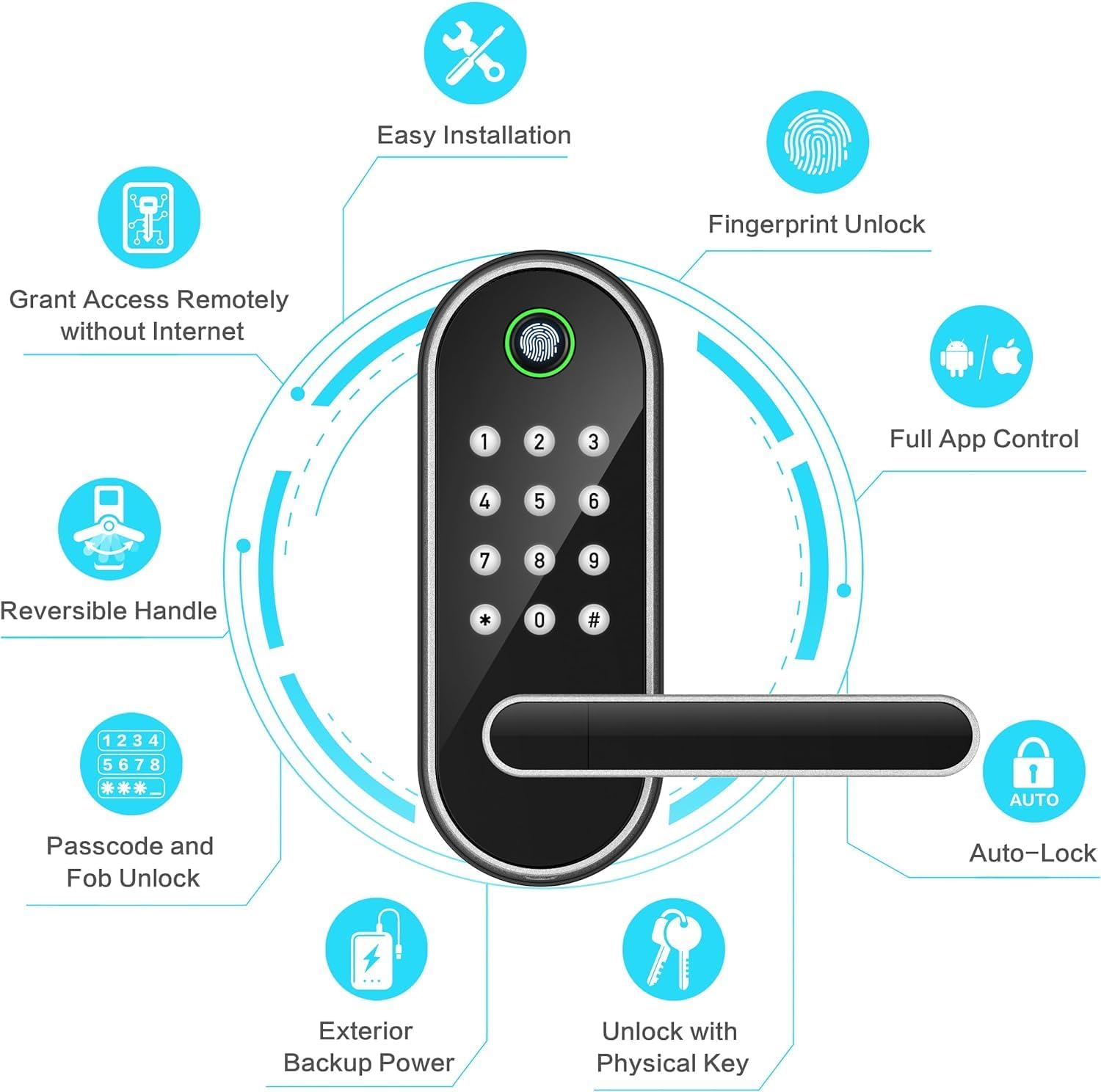 Fingerprint Smart Door Lock with Handle & Keypad – Bluetooth Keyless Entry for Front Door, Home, Kids, Guests, Airbnb & Rental, App + Code Access, Compatible with Alexa & Google, Easy DIY Install